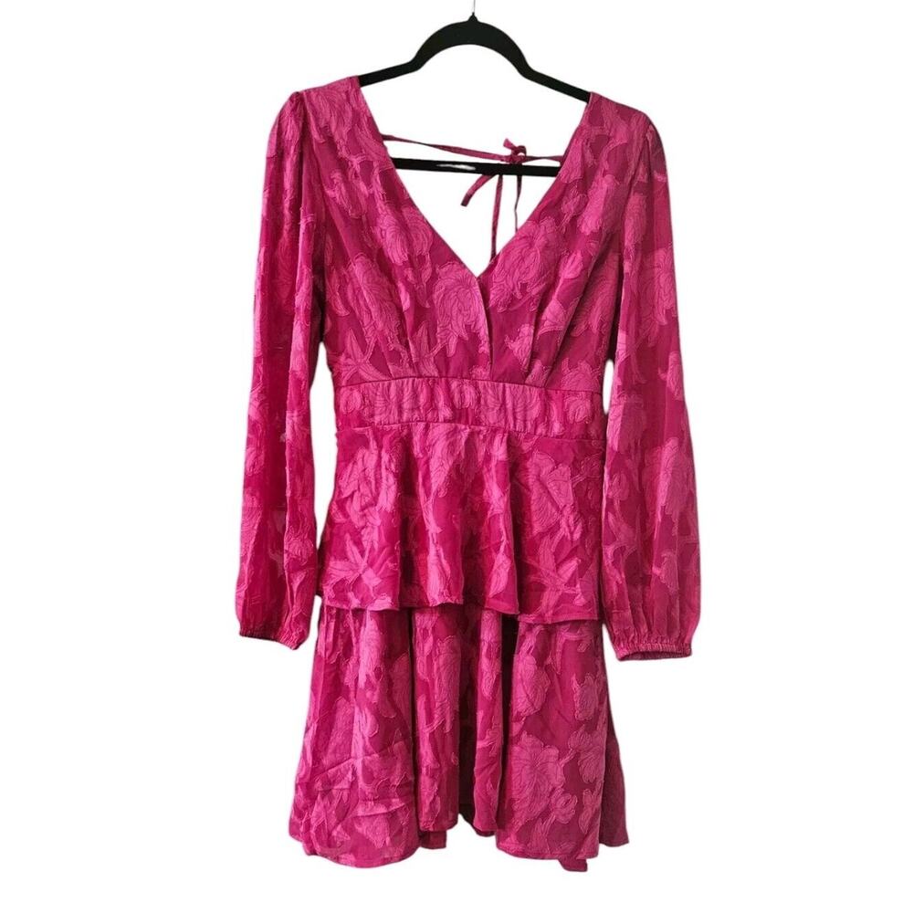 NWT Band of the Free Kiss Me Fuschia Tiered Mini Dress Size S Sheer Sleeves